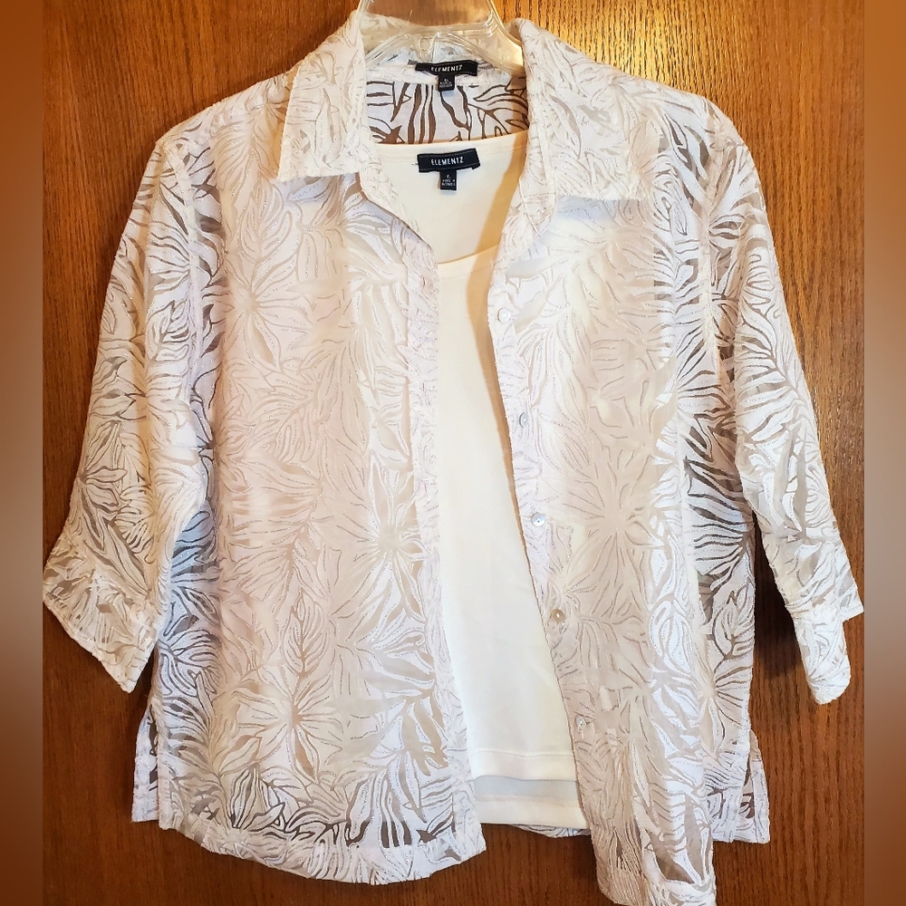 Elementz 2 Piece SzXL Blush/Cream Leaf Pattern Blouse&Cami w/Sparkle Accent